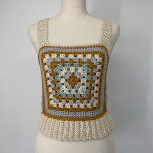 Crochet Granny Square Tank Top Womens S Boho Festival Cottagecore Earthy Knit